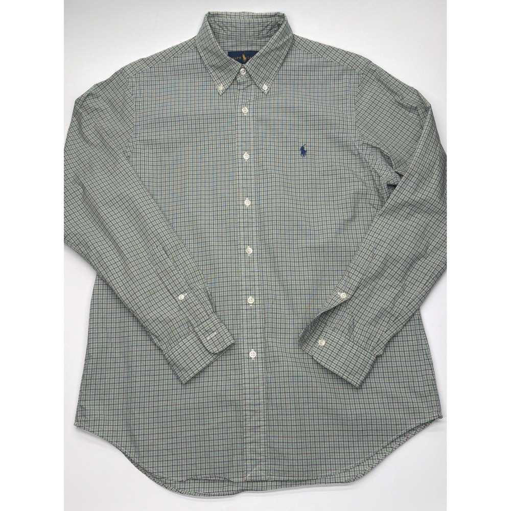 Ralph Lauren Mens Green Navy Micro Check Button Down Shirt Medium Long Sleeve‎